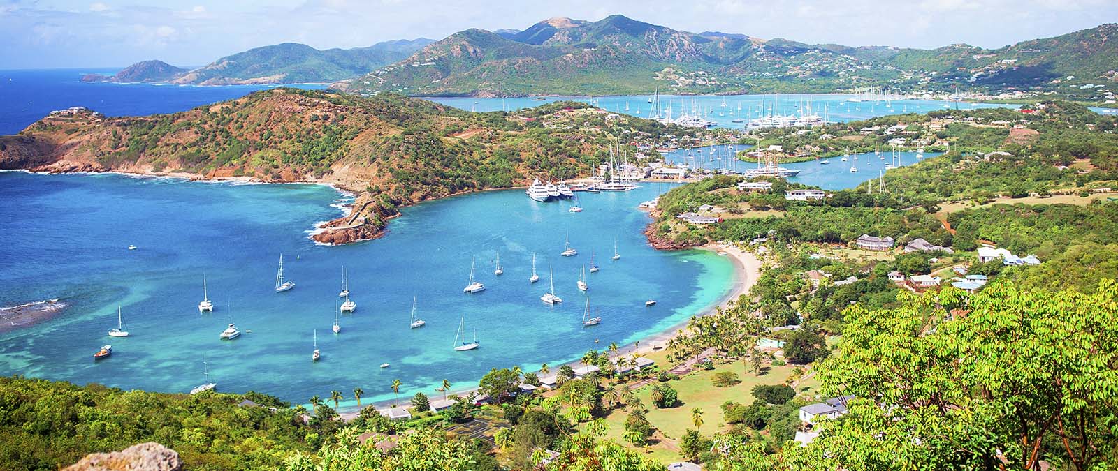 View of english harbor from Shirley Heights in Antigua.