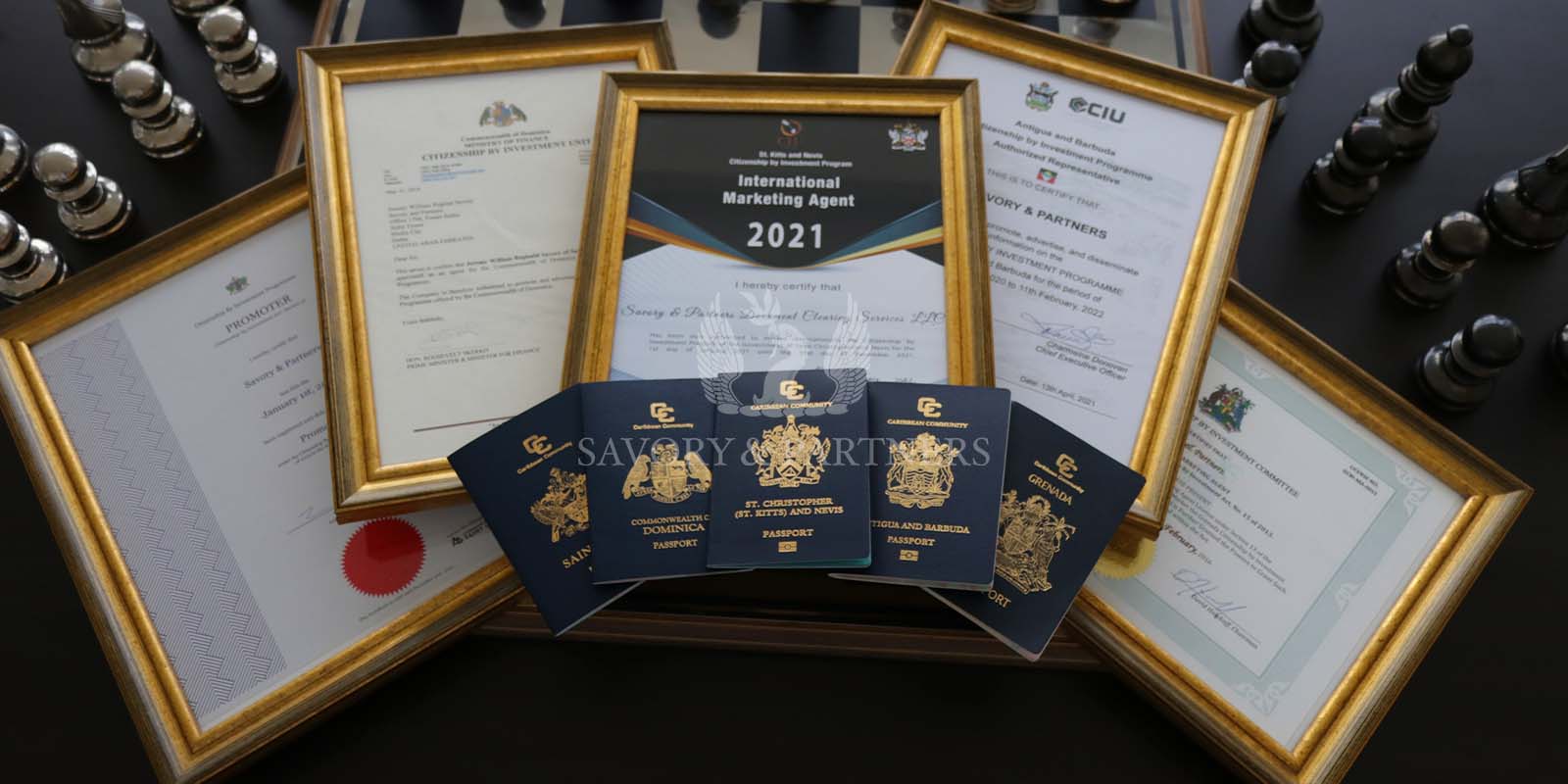 Caribbean passports at Savory & Partners office in Dubai, UAE.